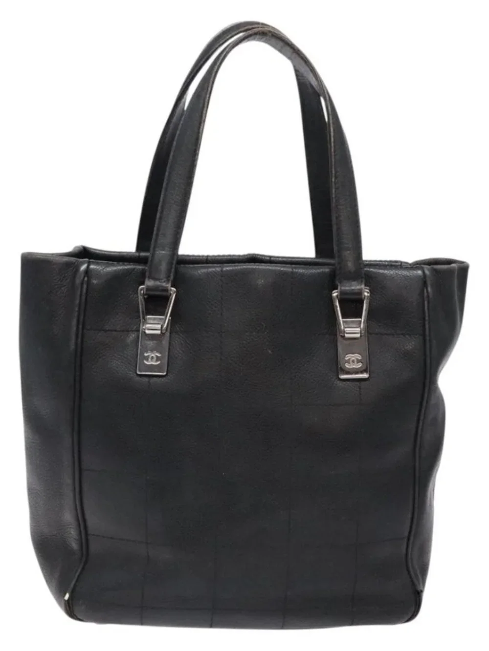 CHANEL Choco Bar COCO Mark Hand Bag Canvas Black Silver CC Auth BA5420